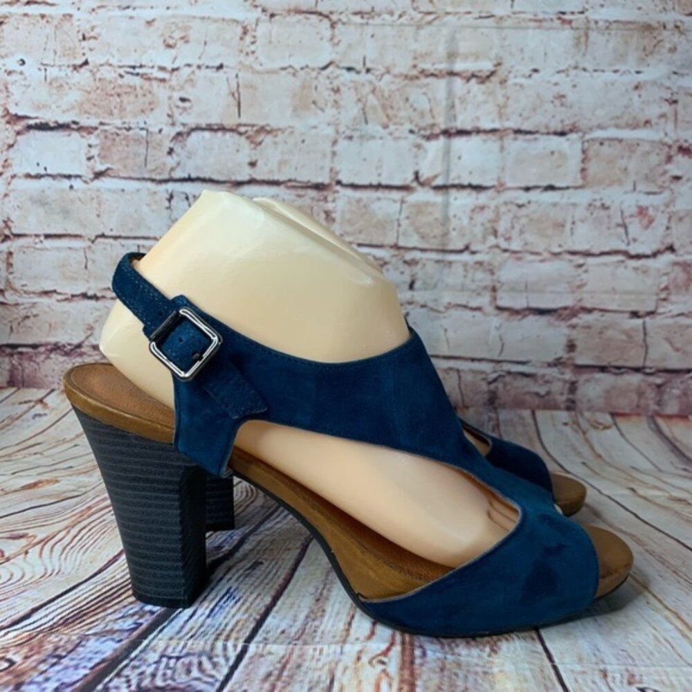 Leone Teal Suede Buckle Heeled Sandals Sz 41 US 10
